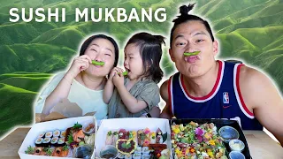 Happy family feasts on delicious sushi (Hungry FAM)