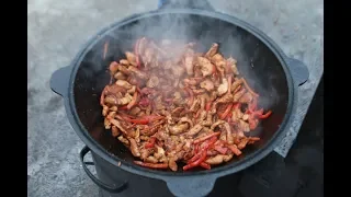 Chicken Teriyaki In The Cauldron On Open Fire. ENG SUB