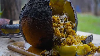 Cooking Pilaf inside a pumpkin in a Mud Oven During rain in a Village