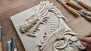 The process of carving a wooden dragon