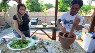 Lao food- Making Papaya salad with chicken soup/sticky rice, in Fresno  Ca_eating home cooked meal