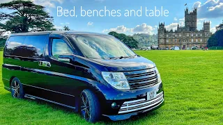 Elgrand camper conversion bed, benches and table  #elgrand #vanlife #elgrandcamper #vanconversion