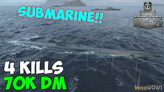 World of WarShips | U-69 | 4 KILLS | 70K Damage - Submarine Replay Gameplay 4K 60 fps