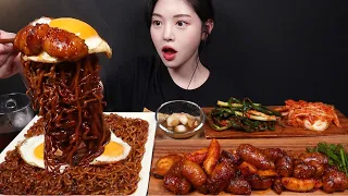 SUB)신상 짜장라면 짜슐랭에 불양념대창 먹방! 파김치 겉절이까지 짜파게티 꿀조합 리얼사운드 Jjajang Ramyeon Spicy Grilled Tripe Mukbang Asmr