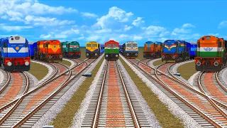 9 COLORFUL TRAINS CROSSING AT BUMPY FORKED DIAMOND RAILROAD TRACKS-BRANCH RAILROAD CROSSING #69