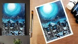 Easy Winter Landscape painting | Snowy Winter Night STEP STEP Acrylic Painting |Demo | Art Therapy