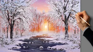 Acrylic Landscape Painting - Winter Sunset / Easy Art / Drawing Lessons / Satisfying Relaxing.