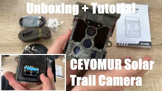 Solar Trail Camera 4K 30fps, CEYOMUR WiFi Bluetooth 40MP Game Camera, 120° unboxing and instructions