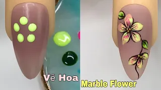 Yellow vs Pink Marble Flower Nails Art For Beginner 💖Vẽ Hoa💅 New Nails Design 💝 New Nails