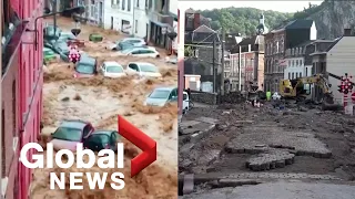 Torrent of floodwater in Belgian town washes away cars, leaves path of destruction