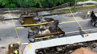 Massive sinkhole continues to loom large in Leominster after major flooding