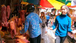 Cambodian street food - walking wet market, fresh vegetables, fruits, beef, fish & more