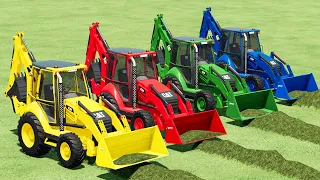 LOADER OF COLORS ! TRANSPORTING & GRASS LOADING with CAT BACKHOE LOADERS ! Farming Simulator 22