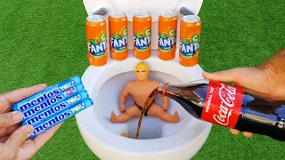 Experiment !! Stretch Armstrong VS Coca Cola, Fanta, Mtn Dew, Power up, Pepsi and Mentos In Toilet