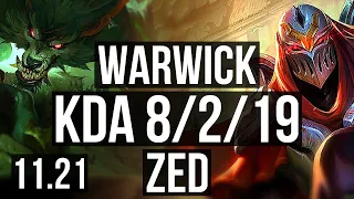 WARWICK vs ZED (JUNGLE) | 8/2/19, 300+ games, Dominating | BR Diamond | v11.21