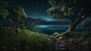 Moonlit Rainfall | Magical Evening By The Forest Lake | Reflecting Raindrops | Gentle Rain Serenade