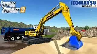 Farming Simulator 19 - KOMATSU PC450LC Excavator Loading Sand Into Semi Truck And Dump Truck