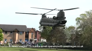 RAF  CH 47 Chinook takes off after dropping off supplies for NHS Nightingale Harrogate
