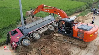 Unexpected​ Dumper Truck Fall Down​ In Water And Fails Recovery With Hitachi Zaxis 210LCH