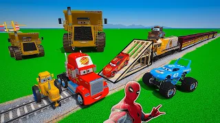 CARS SPIDER MAN 2 McQueen in trouble with Train   Monster Truck The King Mater Mack COLOSSUS Tractor