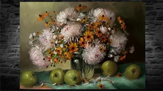 #47 Хризантемы и яблоки маслом. Как нарисовать цветы, букет маслом | How to paint flowers in oil