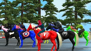 Team Superman Spider Man, Hulk, Venom, Batman,Thanos,Captain America play Horse Racing vs Squid Game