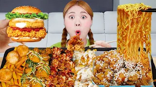 MUKBANG Korean Chicken Spicy Noodles and Hamburger by HIU 하이유