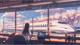 Cherry Blossoms seen from the lounge of the Shinkansen station [For work, study and concentration]