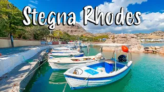 Stegna beach Rhodes, walking tour 4k, drone shots, Rodos Greece