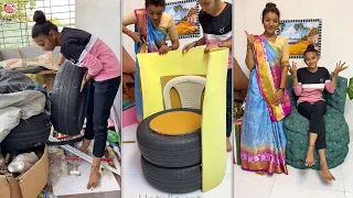 Old plastic chair & tyre sofa making #sofa #tyre #oldchair