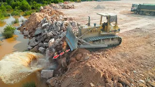 The Best Operator Ever Bulldozer Pushing Rock Drop To Water- Land Reclamation Big Project