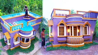 Build The Most Creative Beautiful Mud Villa House by Ancient Skills & Swimming Pool