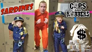 SHACKLED SARDINES in a HUGE BOX FORT MAZE! Cops and Robbers Family Hide and Seek Game!!!