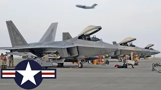 US Air Force F-22 Raptor and F-35A Lightning II stealth fighters during a combat exercise.