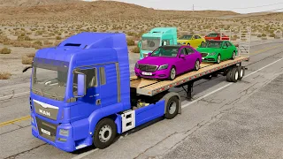 Small Cars Transportation with truck On Flatbed Trailer Vs Car - BeamNG.Drive #1