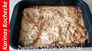 Onion cream schnitzel / baked / with noodles