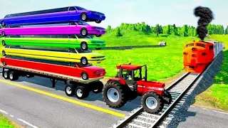 Double flatbed trailer truck Vs Speedbumps - Train vs Case Tractor Transporting - BeamNG.drive #182