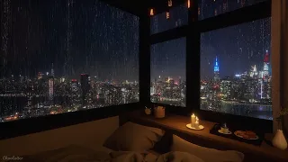 Cozy Bedroom With A Night View Of New York In Heavy Rain | Rain Sounds, Rain On Window