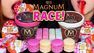 ASMR MAGNUM ICE CREAM PINT RACE! KINDER JOY EGGS, MACARONS, FRUIT BY THE FOOT STRAWBERRY GUMMY 먹방