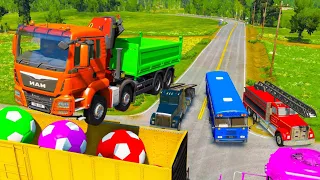 Double Flatbed Trailer Tractor rescue Bus - Cars Racing - Big & Small Monster Truck vs Trains & Rail