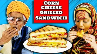 Villagers Taste Test Grilled Cheese Sandwich For First Time ! Tribal People Try Corn Cheese Sandwich