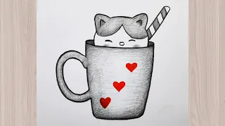 Cute Cat and Mug Drawing, Pencil Drawing Easy Ideas #cute #cat