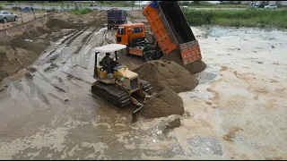 Incredible Great mini Bulldozer Moving Sand with mini dump truck Unloading sand fill up new project
