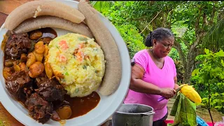 How To Make The Best Yellow Yam Salad Served With Green Banana, Brown Stew Turkey Neck & Broad Bean