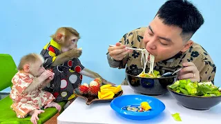 Dad prepares a delicious lunch for Monkey Kaka and monkey Mit