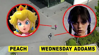 Drone catches Wednesday Addams vs Princess Peach at 3AM!!