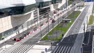 A Red Bull F1 car drives through the streets of Slovakia...