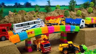 Bridge Construction Vehicles Police Car, Bulldozer, Ladder Truck, Crane, Excavator | iZW Funny Story