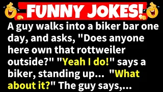 🤣FUNNY JOKES! - A guy walks into a biker bar and asks, "Does anyone here own that rottweiler...