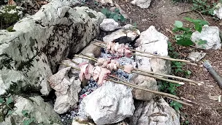 Bushcraft cooking in the woods. Meat on hot coals.